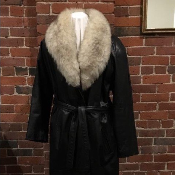 Vintage Black Leather Fur Collar Long Coat - Picture 1 of 6